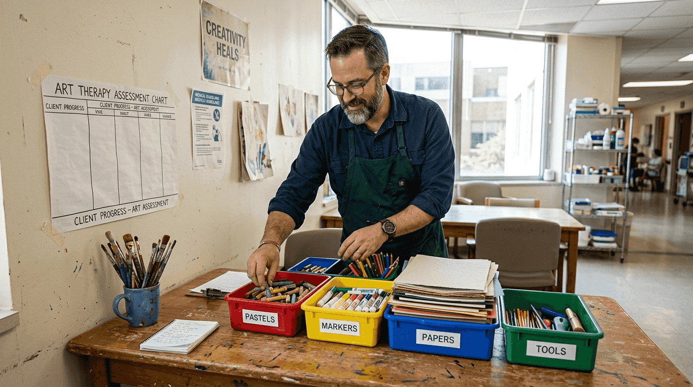 Therapist organizing art therapy materials for session