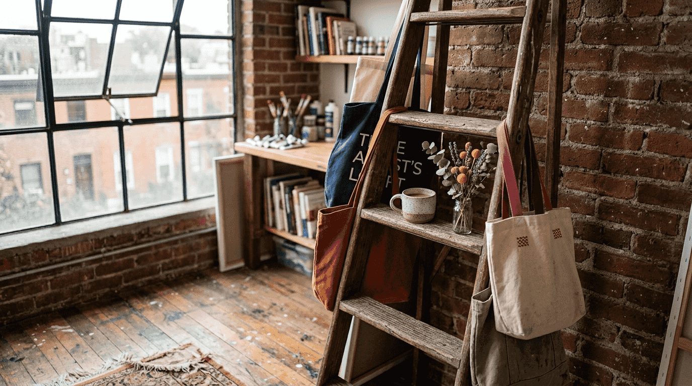 Tote bags hanging from vintage wooden ladder