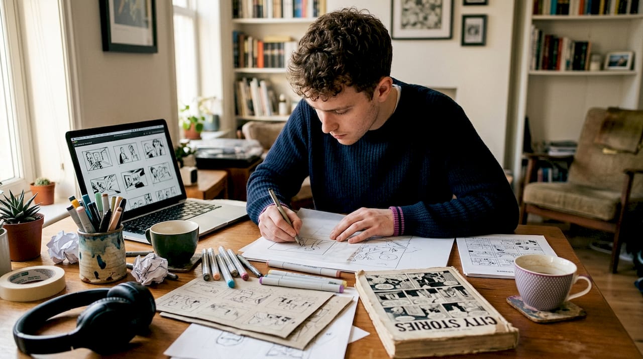 Artist creating storyboards at cluttered table