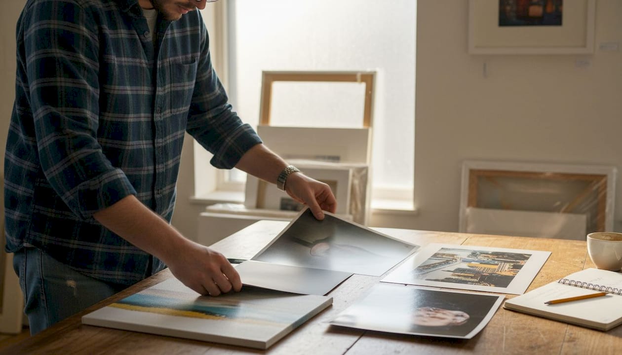 Person arranging canvas and paper print samples