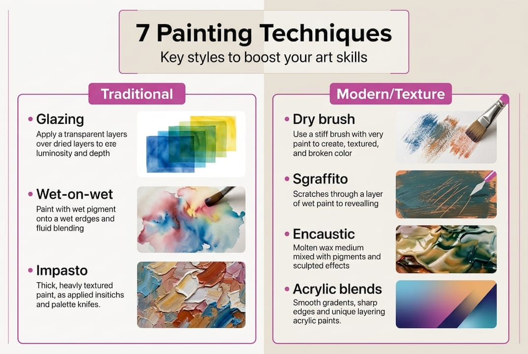 Infographic lists seven painting technique types