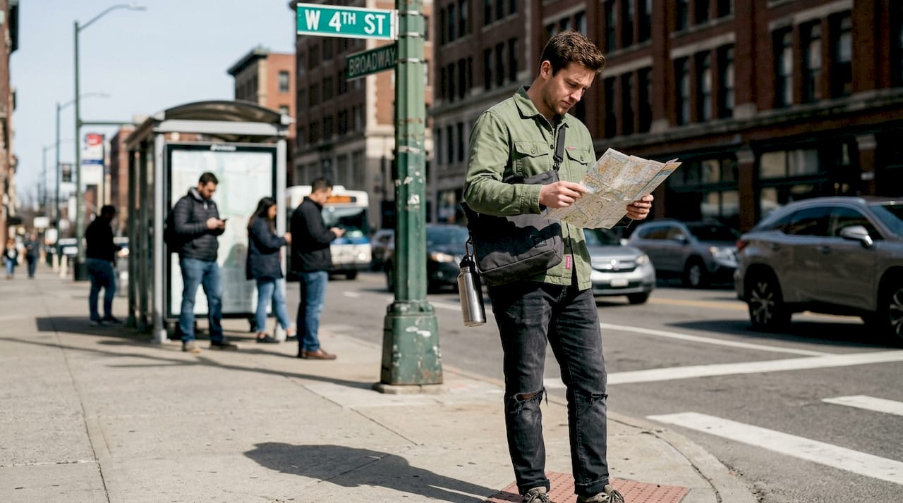 Man with crossbody tote at city intersection