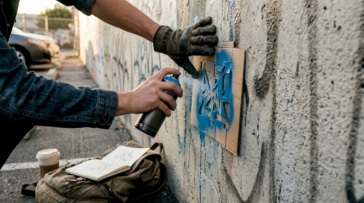 Hands using stencil spray painting wall