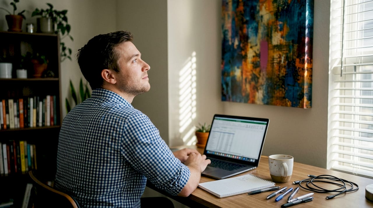 Man gazes at canvas art in home office