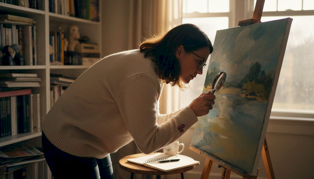 Woman inspecting painting surface authenticity