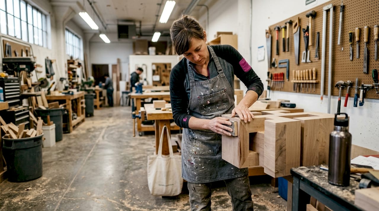 Sculptor refining modular sustainable artwork
