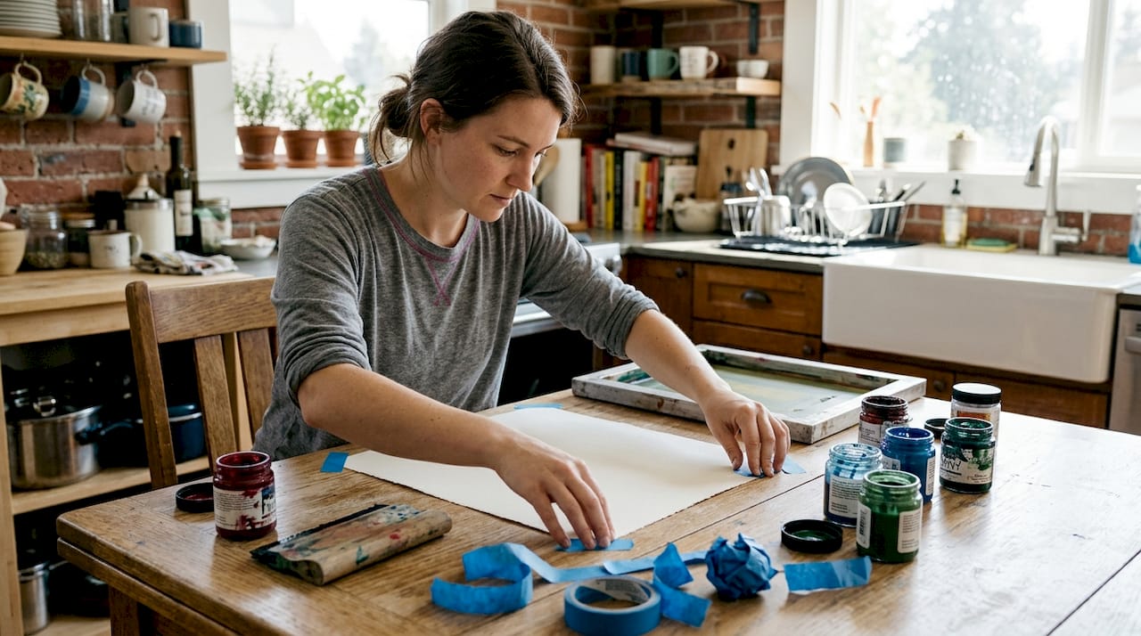 Woman preparing art print tools at kitchen table