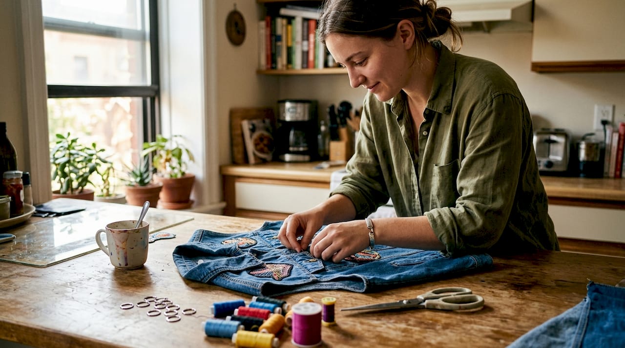 Designer assembling wearable art with various materials