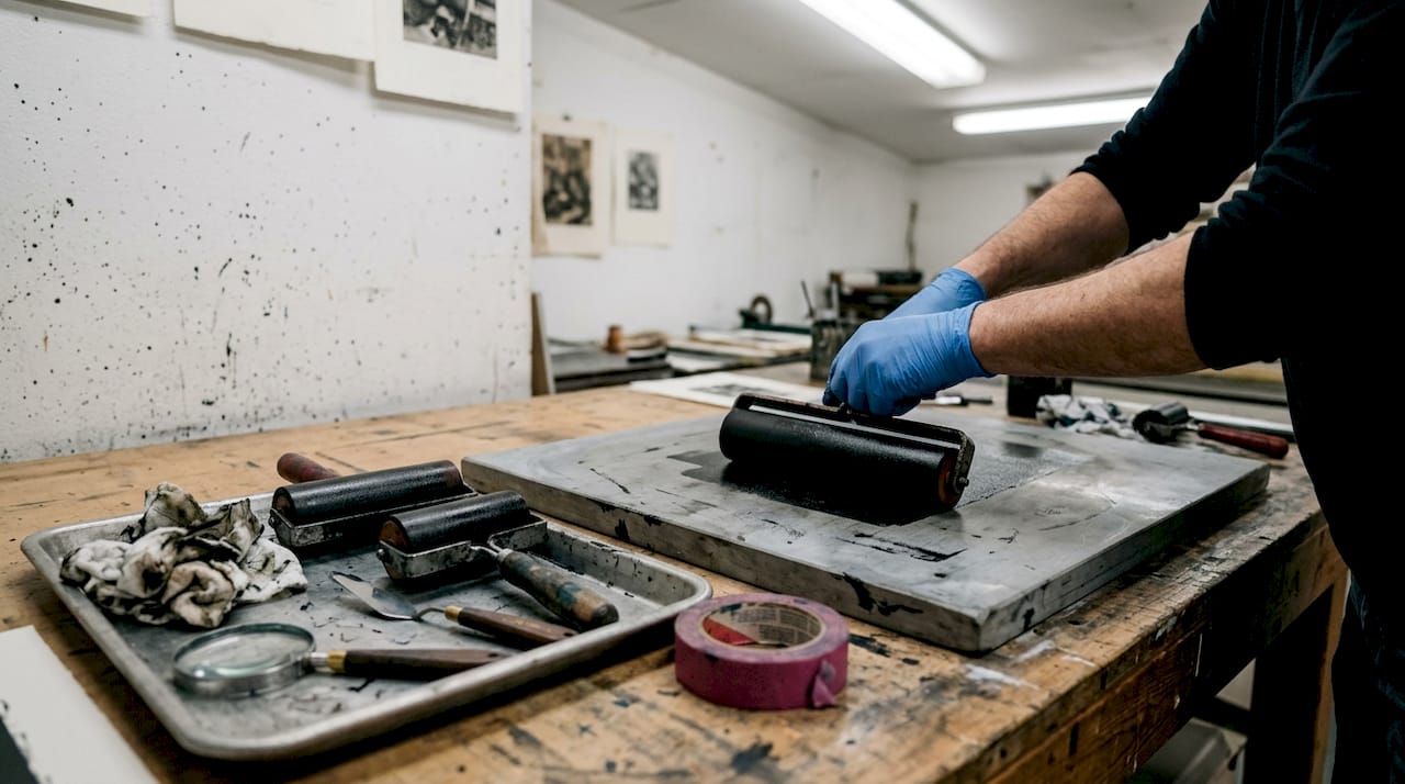 Hands applying ink to lithography stone