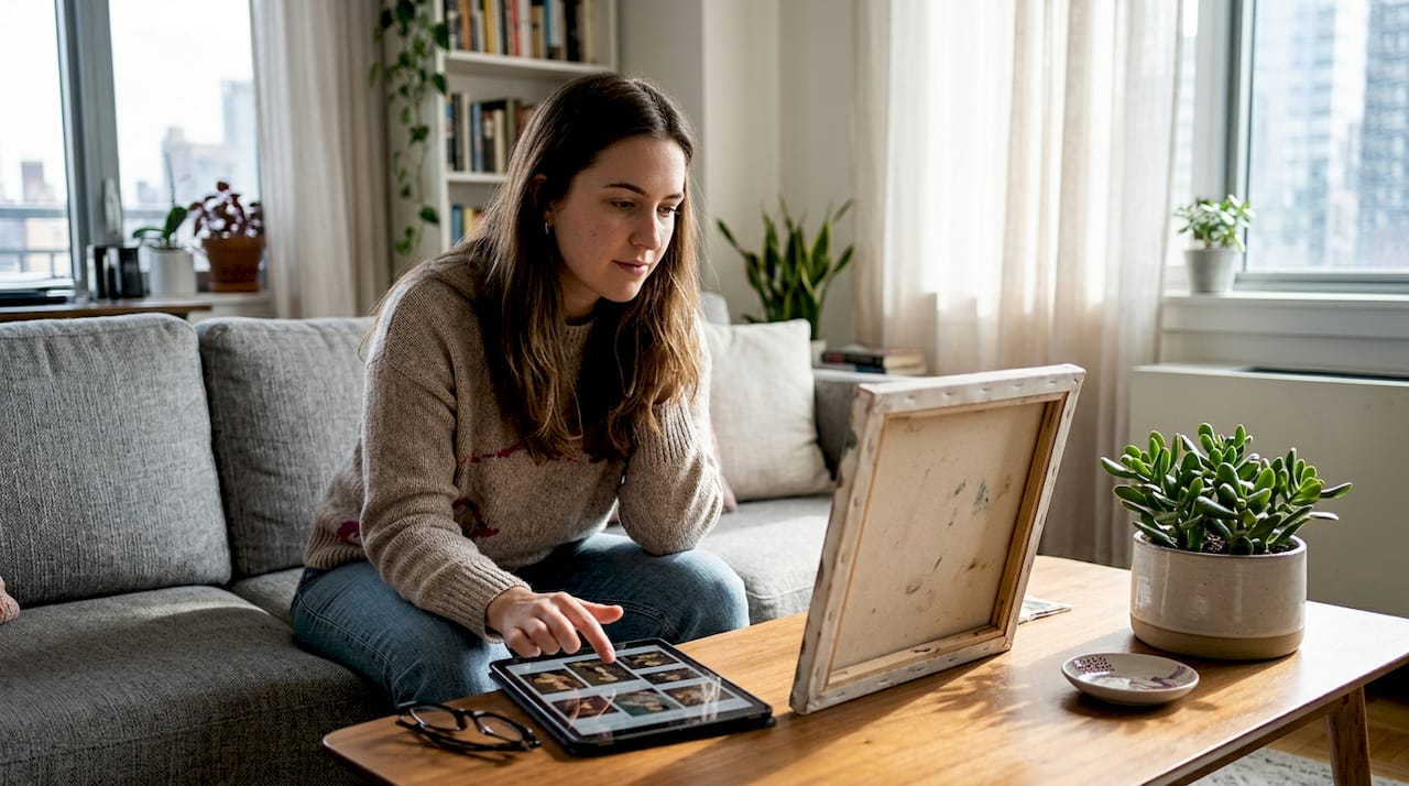 Woman browsing art for small apartment