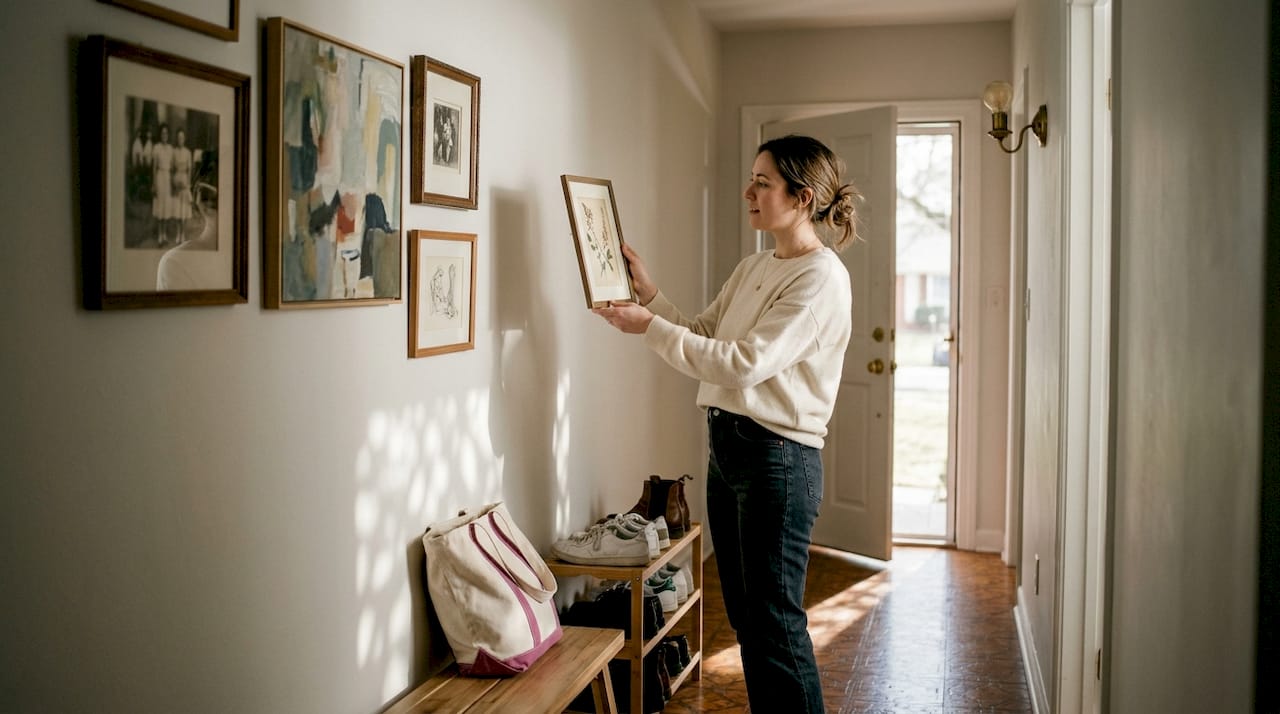 Woman arranging art gallery wall hallway