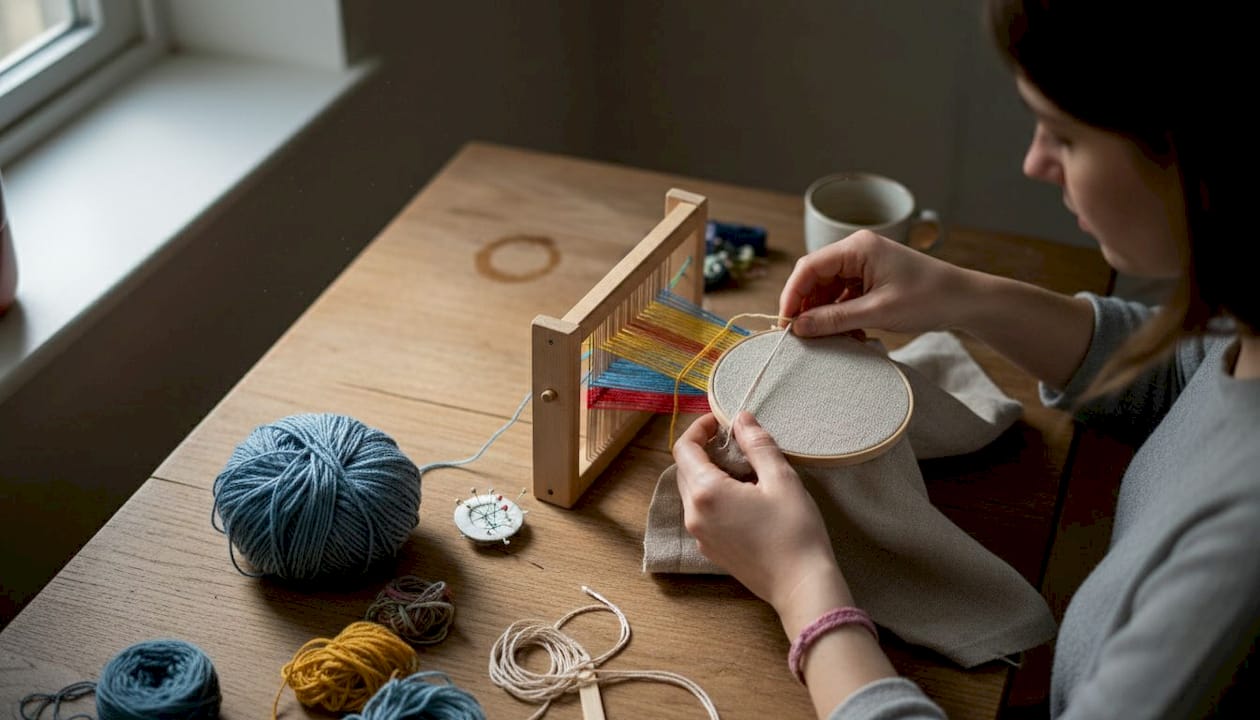 Hands weaving and embroidering on kitchen table