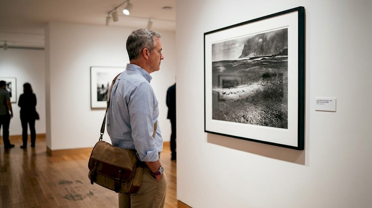 Gallery visitor studying photo artwork