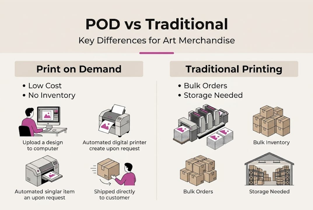 Infographic comparing print on demand and traditional printing