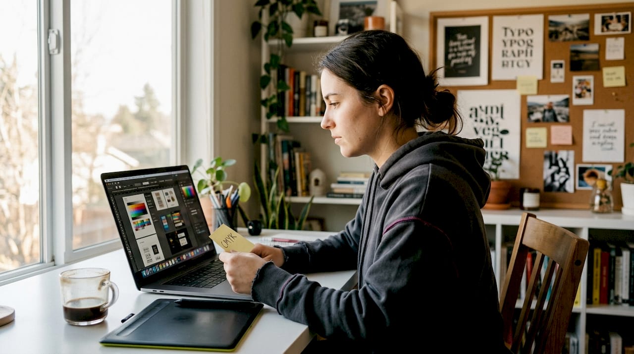 Designer checking print file colors for accuracy