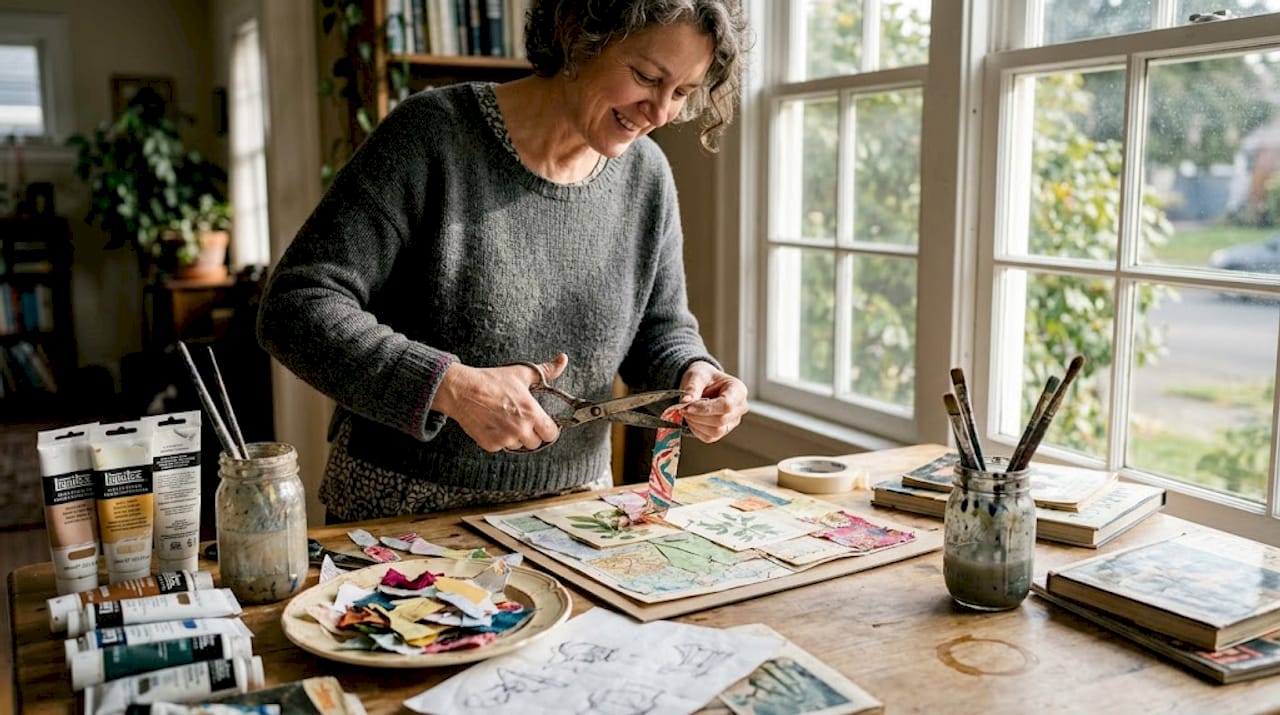 Artist assembling mixed media collage in kitchen