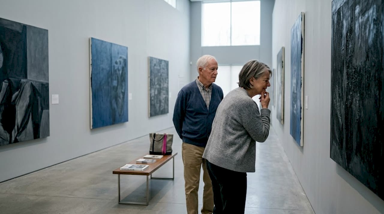 Visitors studying monochrome art in gallery