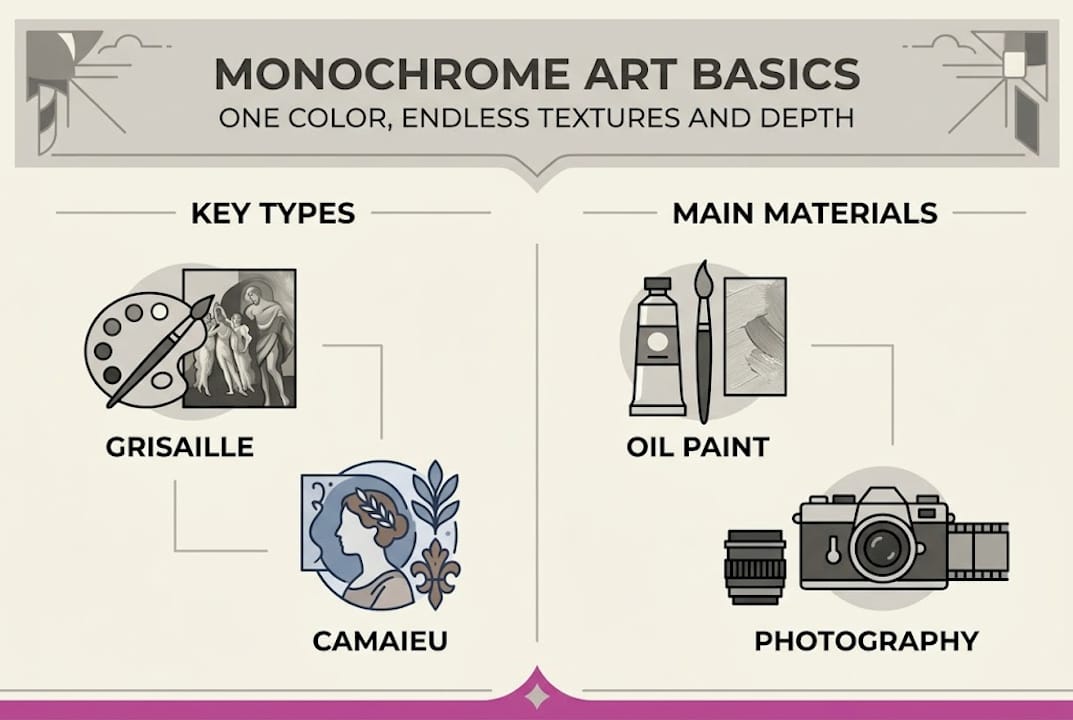 Infographic showing monochrome art key types and materials