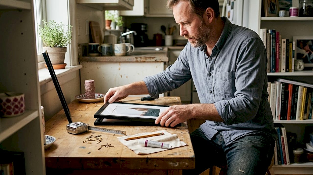 Framing an art print on cluttered kitchen bench