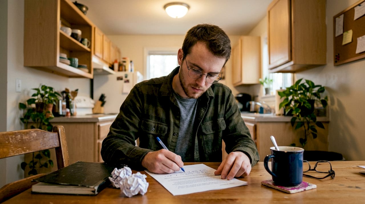 Artist editing statement at kitchen table