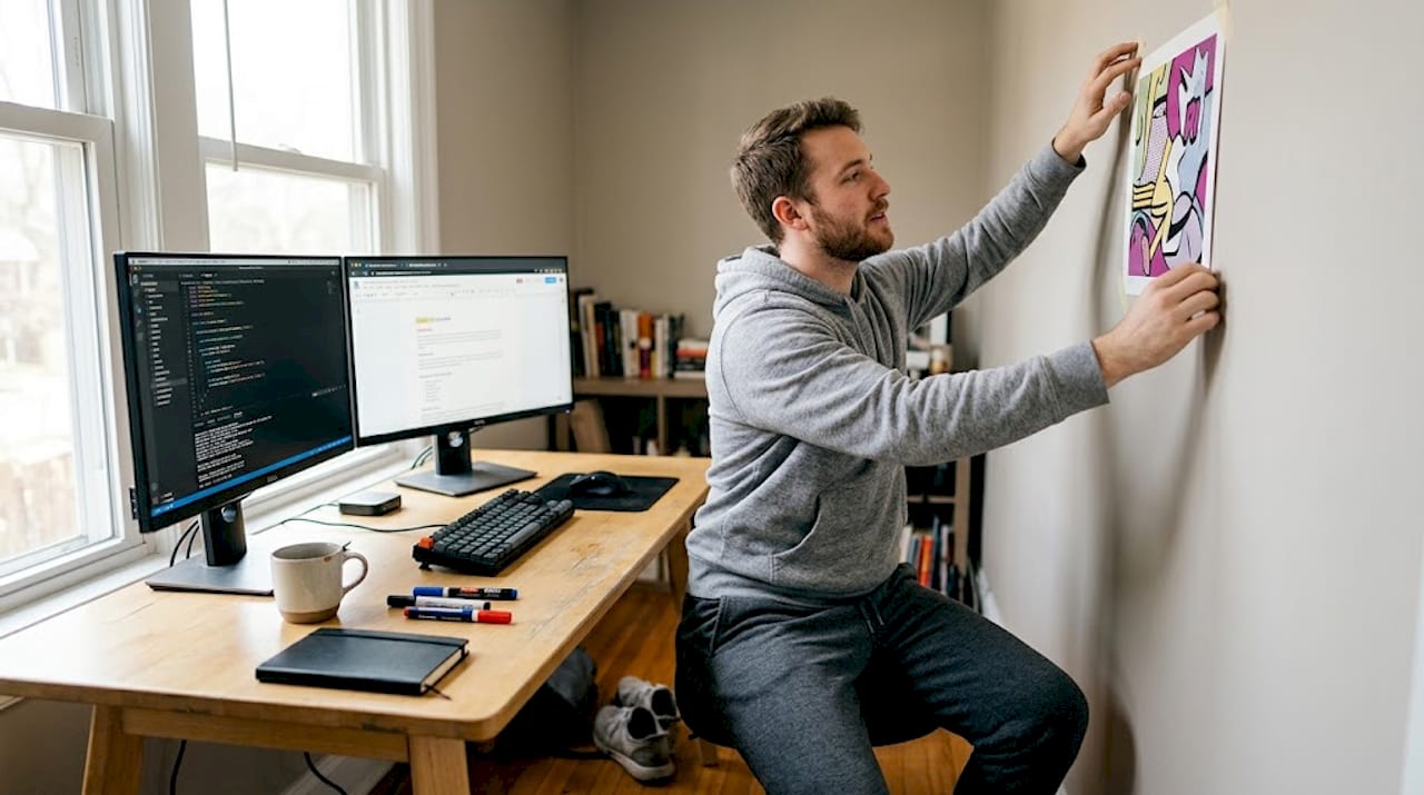 Man hanging pop art print in home office