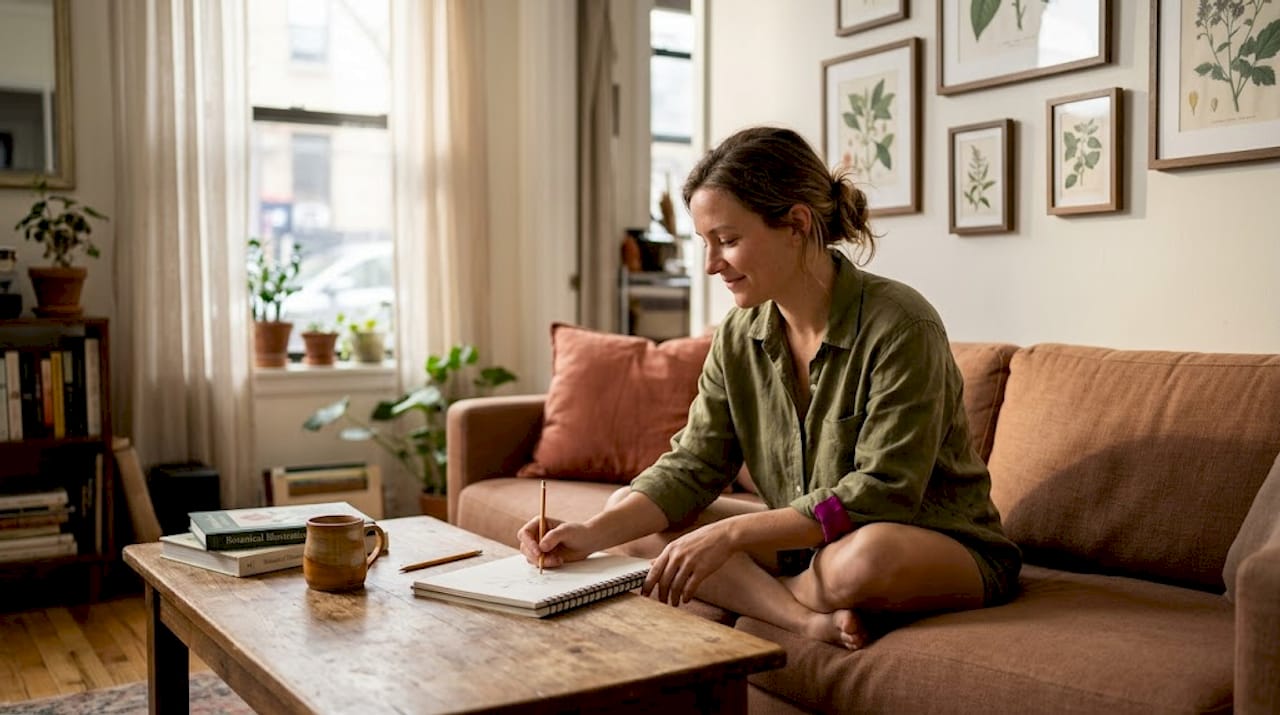 Woman sketching in earth-toned living area