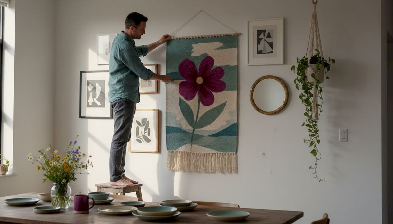 Man styling boho gallery wall in dining area
