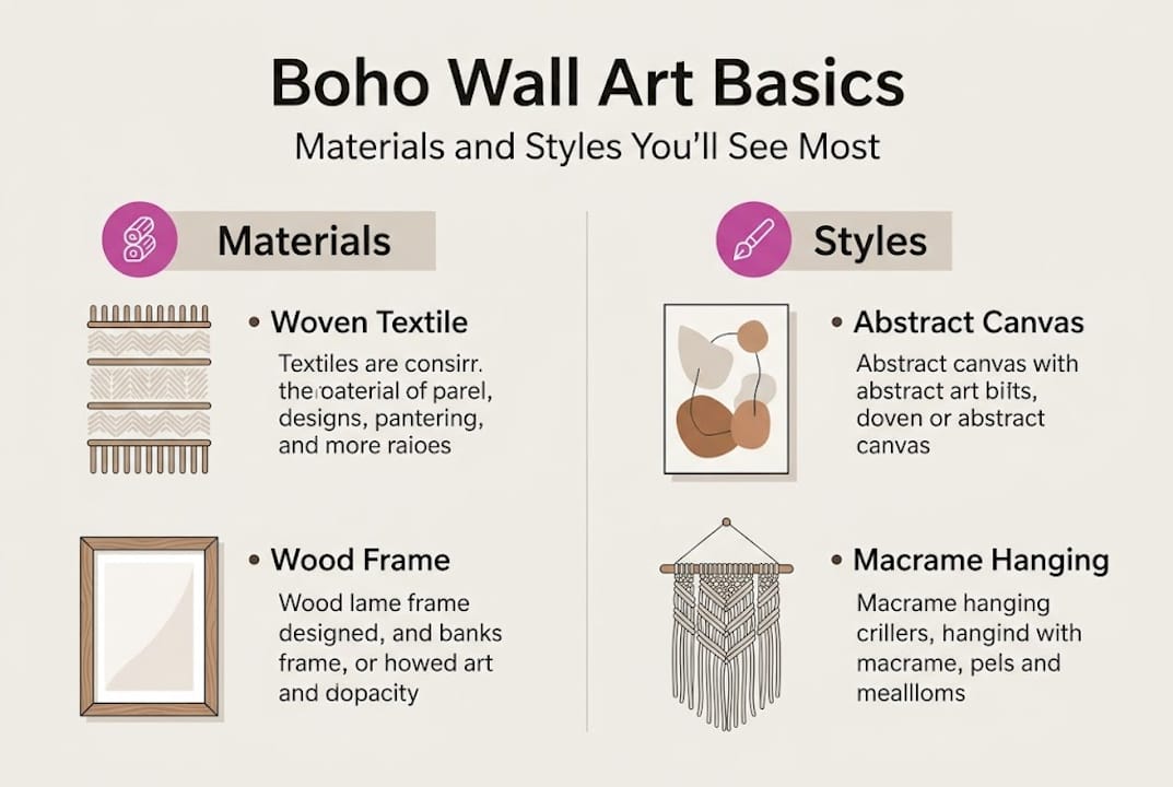 Infographic showing key materials and styles of boho wall art