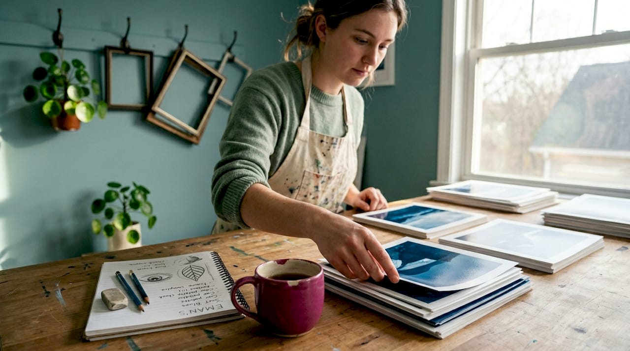 Artist organizing prints by color and theme