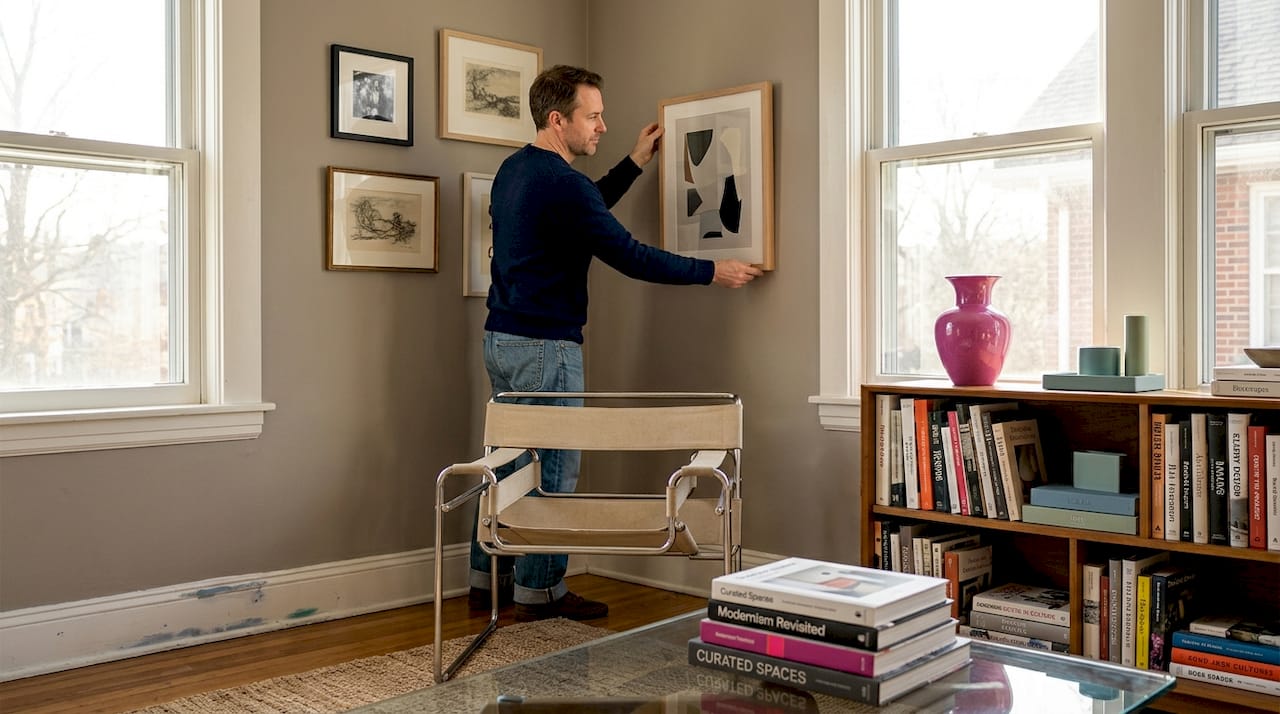 Collector arranging mixed art styles in living room