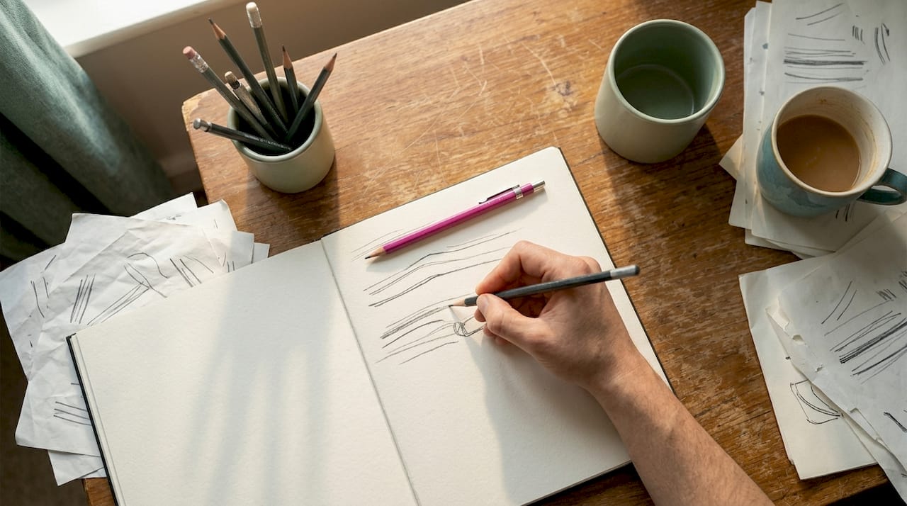 Hand drawing lines in sketchbook