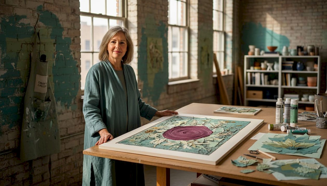 Artist reviews textured mixed-media print