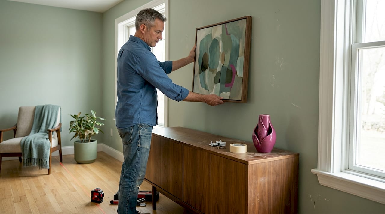 Man follows steps to hang artwork properly
