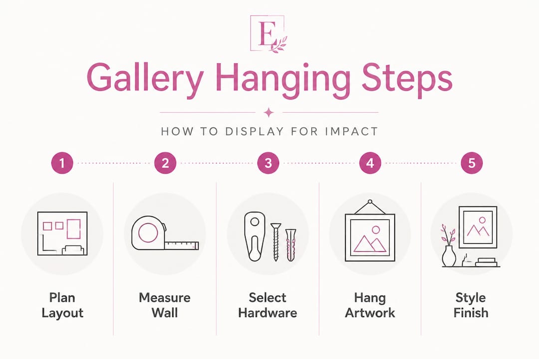 Infographic showing art hanging steps in gallery