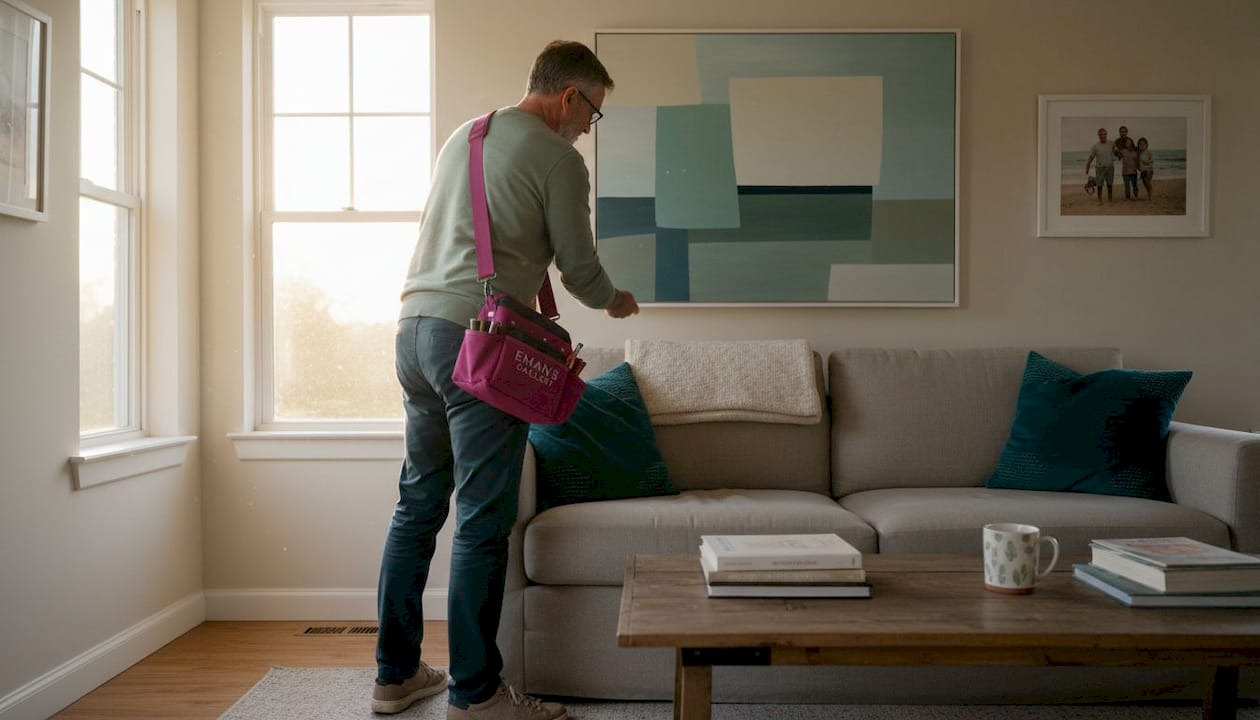 Man hanging artwork above living room sofa