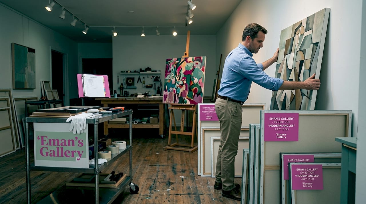 Art handler arranges modern paintings in studio