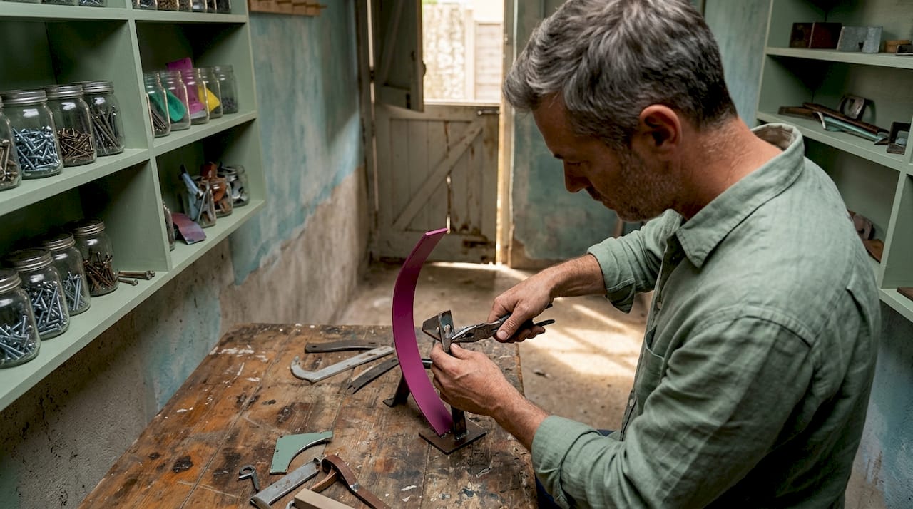 Hands assembling small sculpture from salvaged metal
