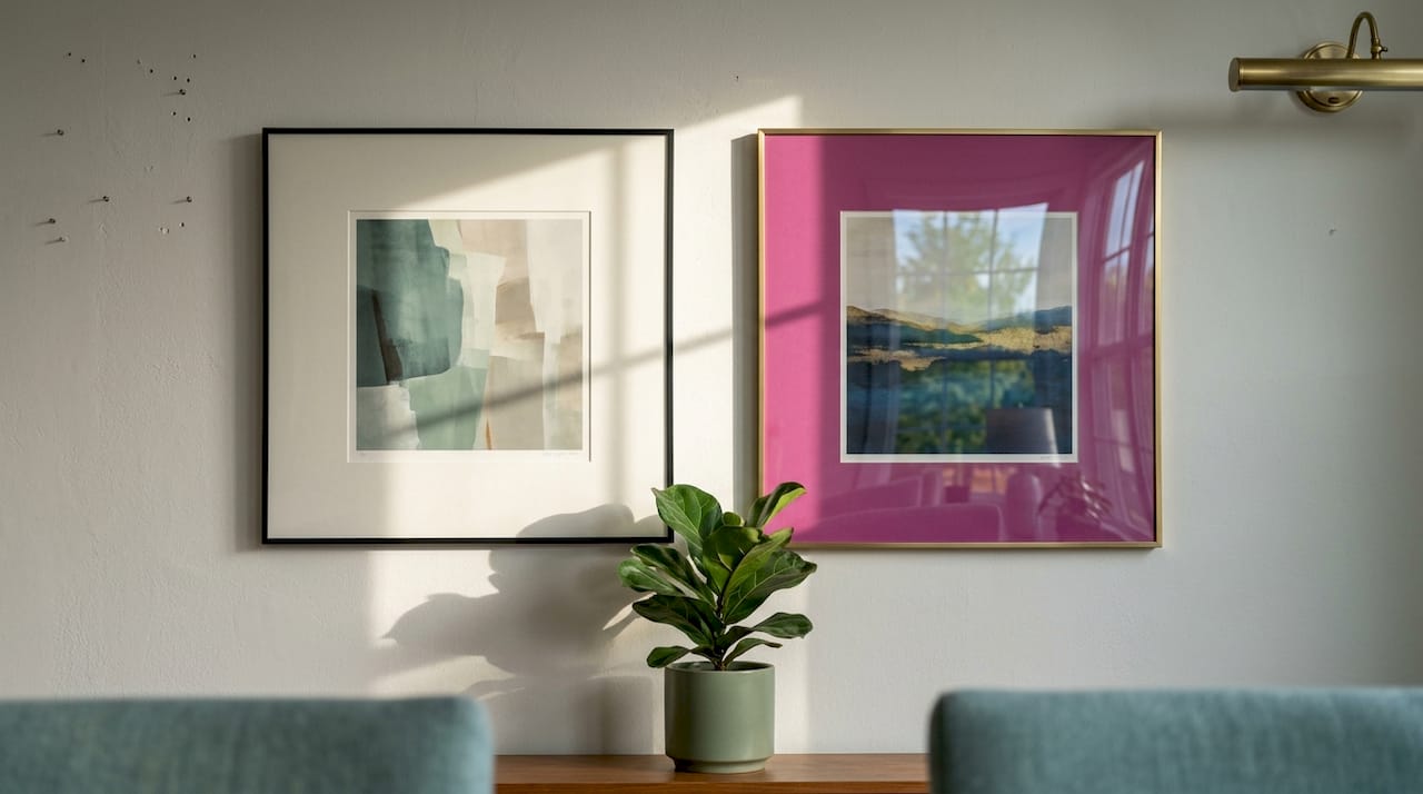 Matte and glossy art prints on wall