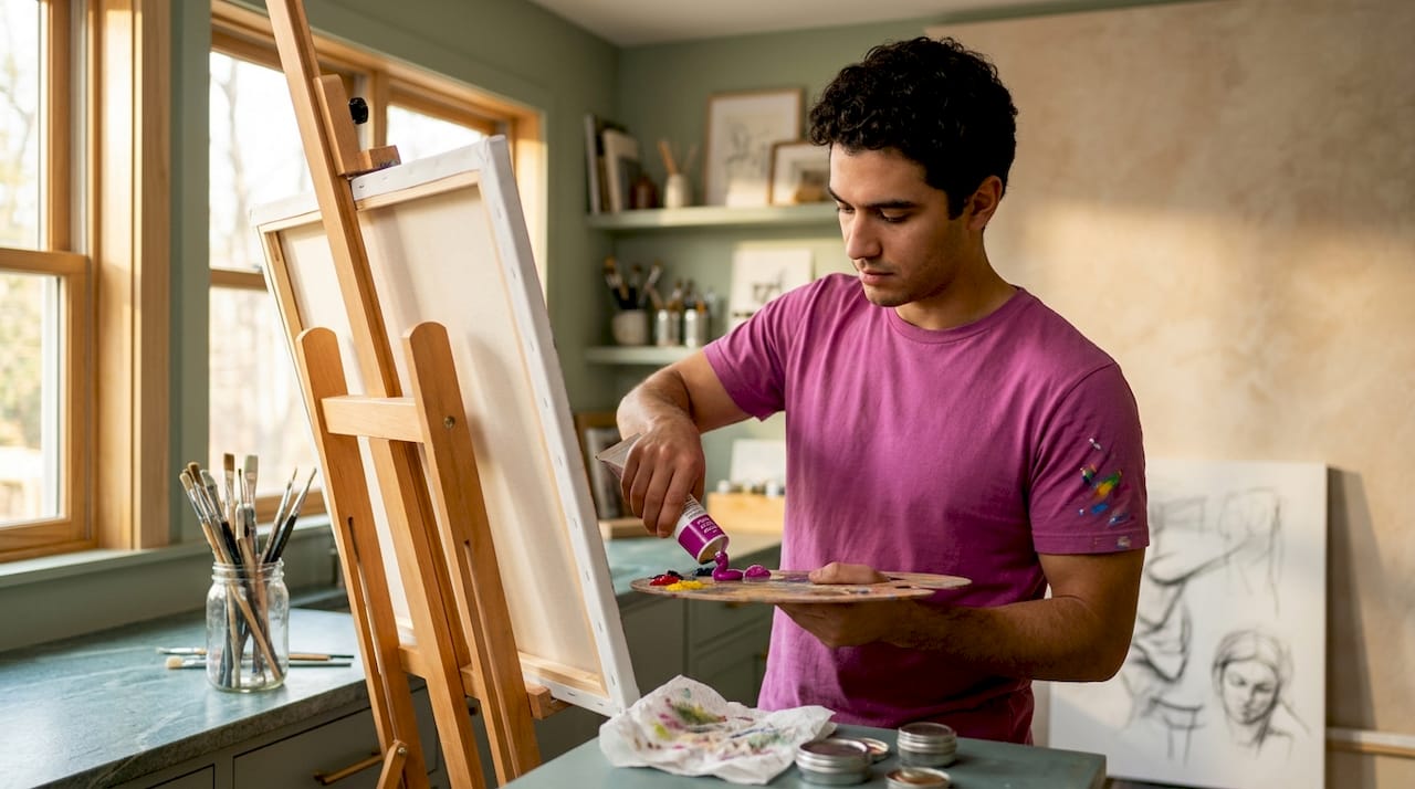 Painter mixing colors at easel in classroom
