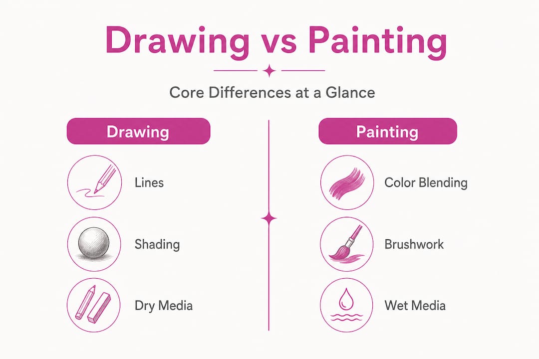 Infographic comparing drawing and painting key traits