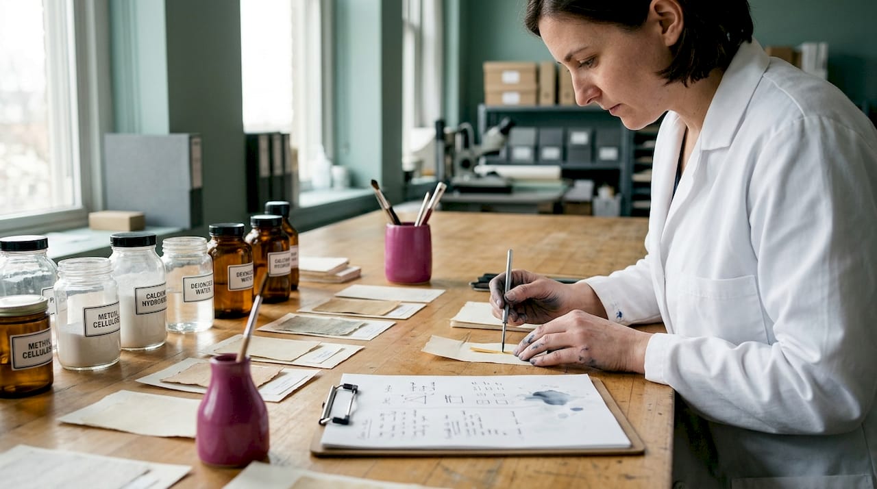 Conservator testing paper acidity in lab