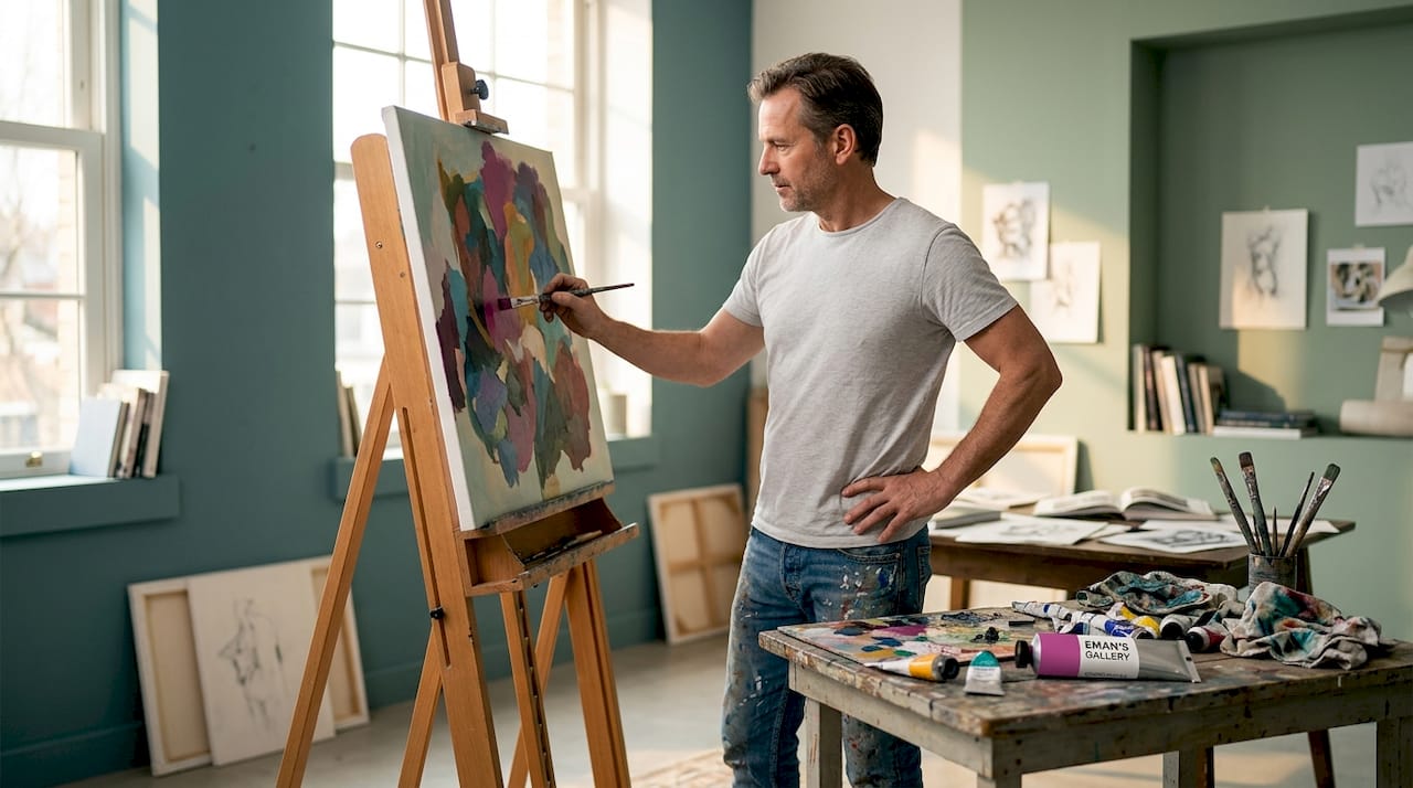 Artist painting abstract canvas in studio