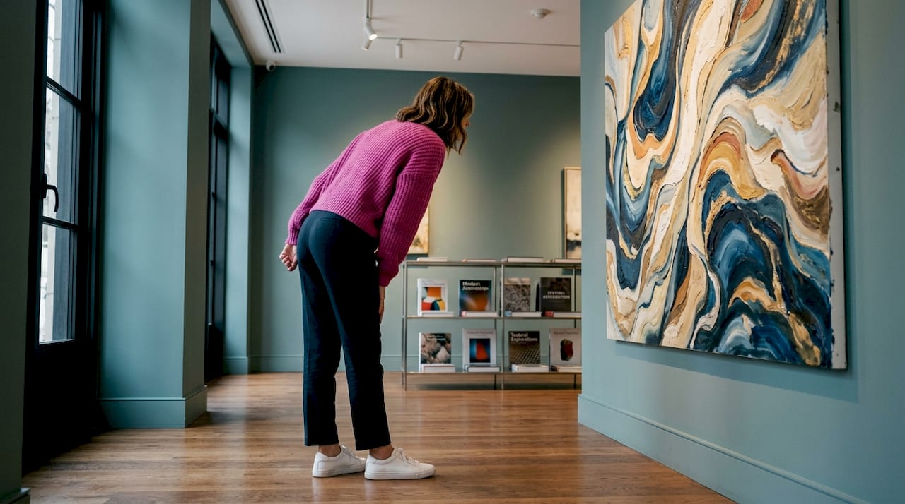 Visitor viewing textured abstract painting up close