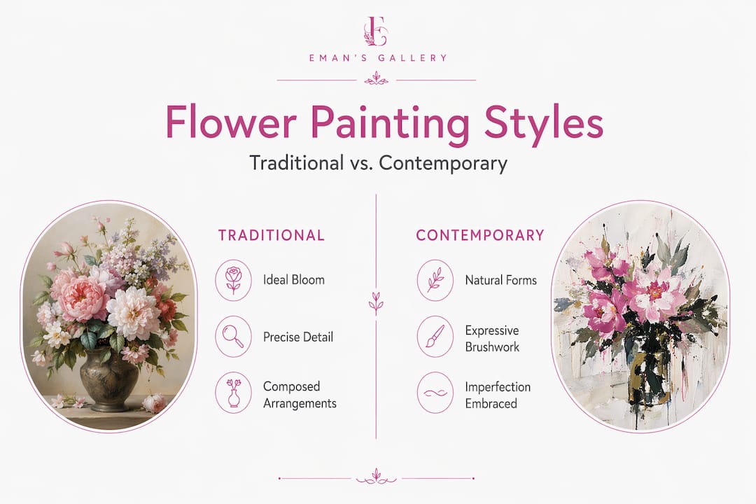 Infographic comparing flower painting styles
