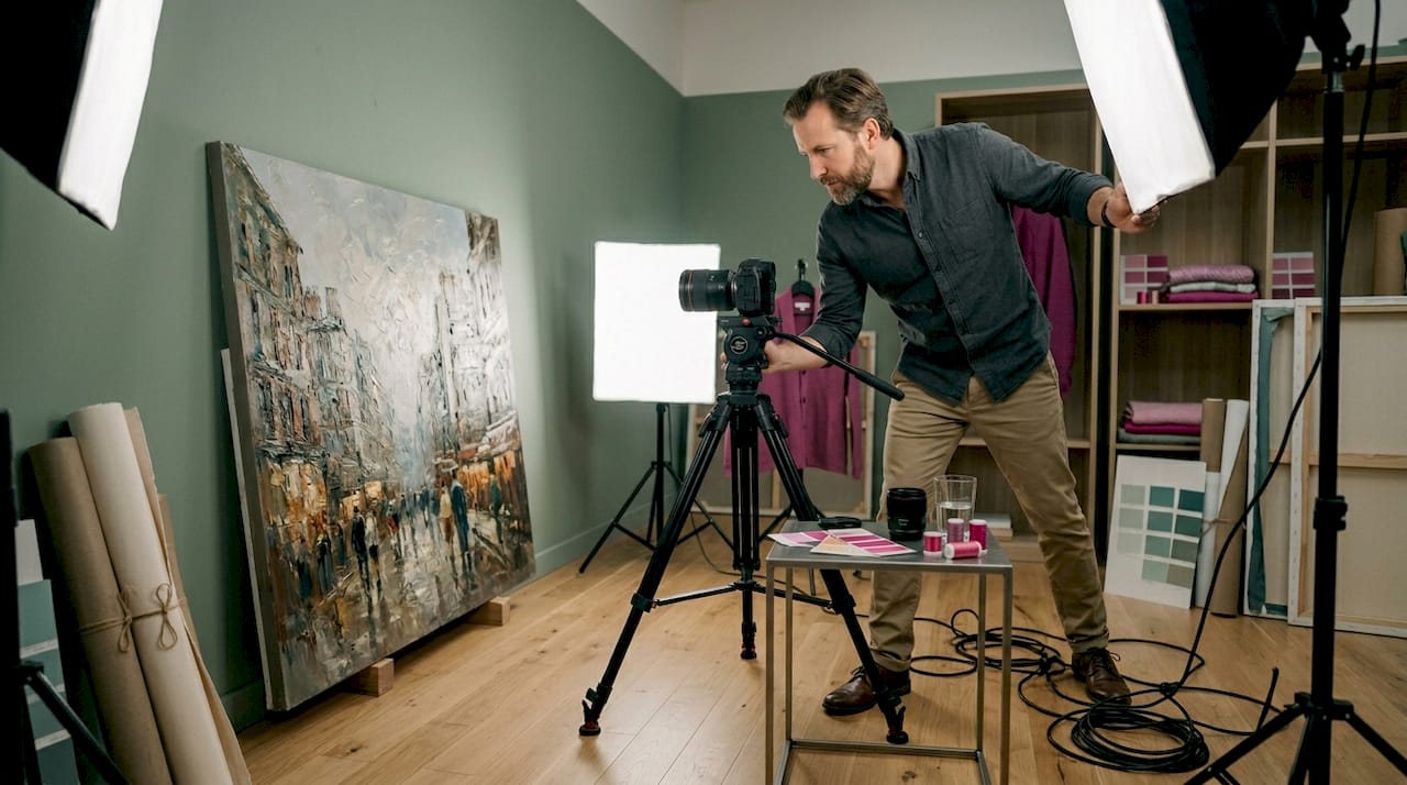 Photographer lighting textured painting for shoot