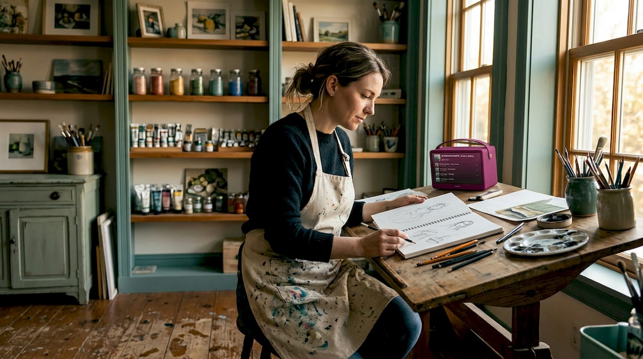 Contemporary artist works in studio space
