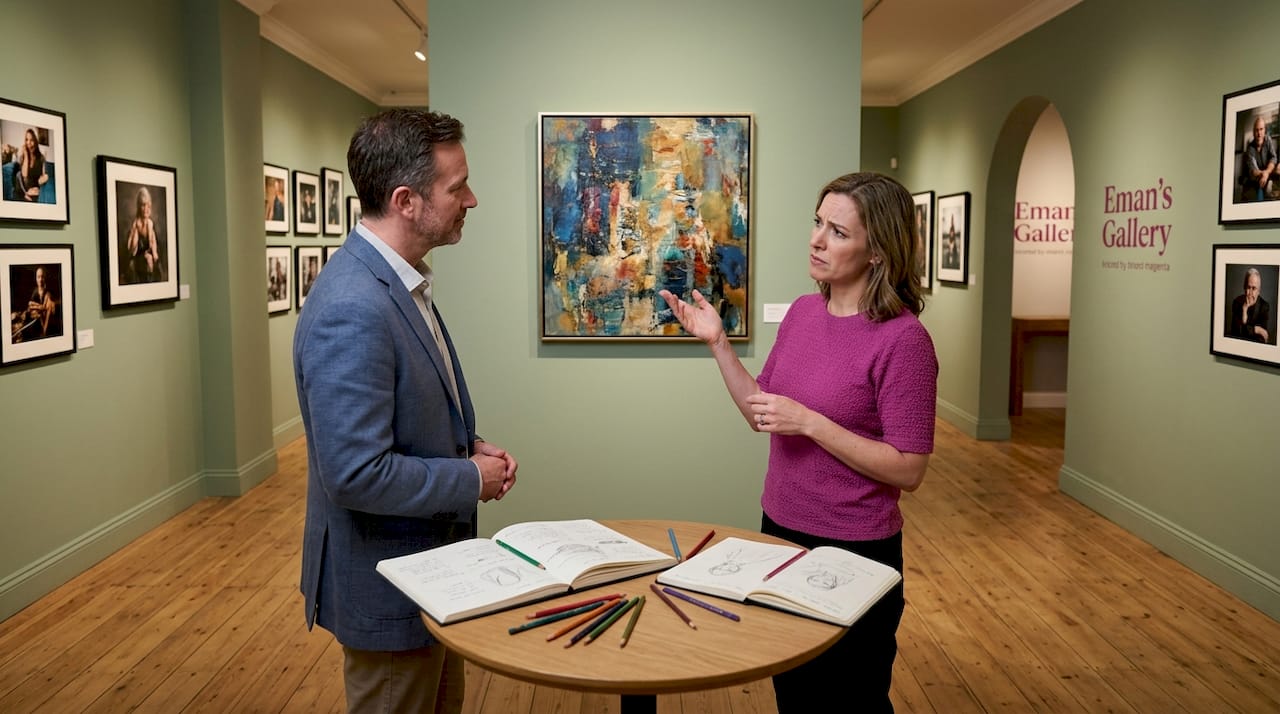 Small group discussing abstract art in gallery