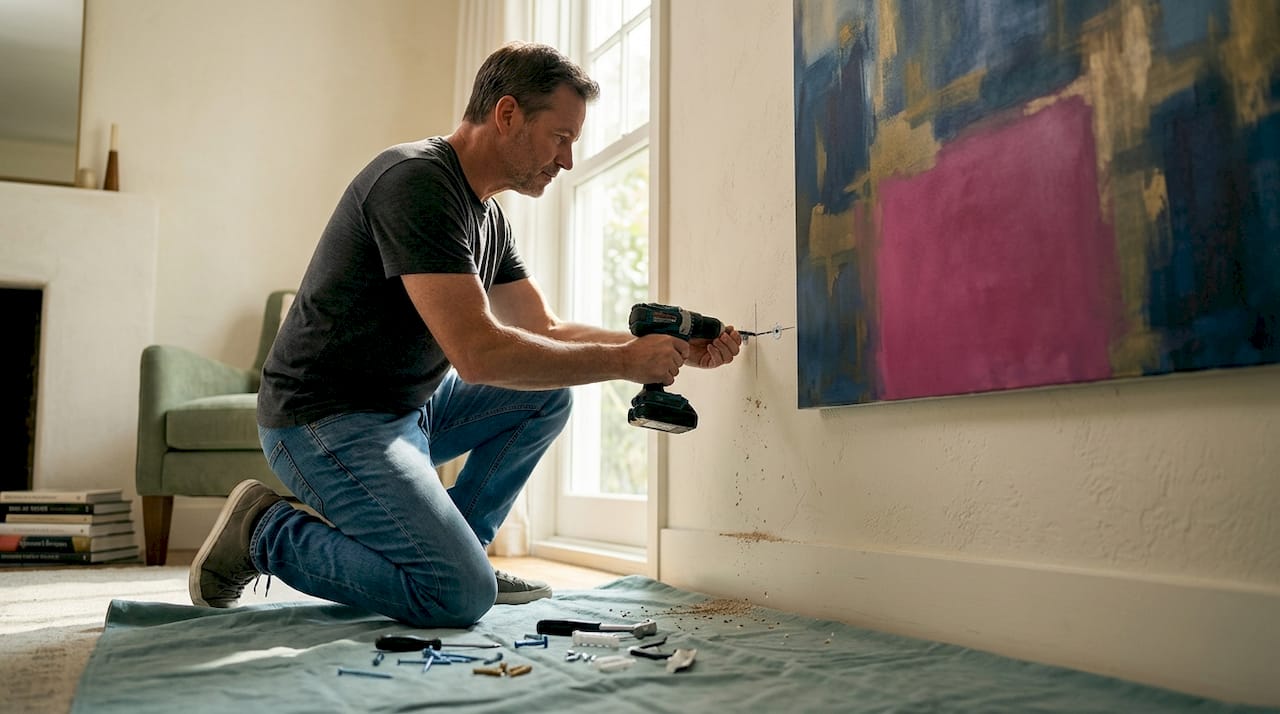 Man mounting heavy canvas with drill