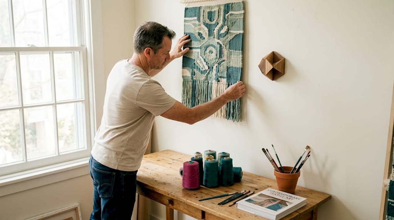 Man places textile wall art beside sculpture