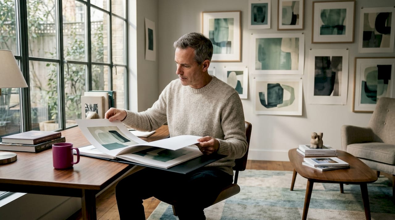 Art buyer reviewing portfolio binder of works